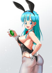 Rule 34 | 1girl, animal ears, aqua eyes, ass, black leotard, bow, bowtie, breasts, bulma, compass, detached collar, dragon ball, dragon ball (classic), fishnet pantyhose, fishnets, from behind, gradient background, grey background, hand on own hip, highleg, highleg leotard, large breasts, leotard, long hair, looking at viewer, minpei ichigo, one-piece thong, pantyhose, playboy bunny, rabbit ears, rabbit tail, red bow, red bowtie, solo, standing, strapless, strapless leotard, tail, wide hips, wrist cuffs