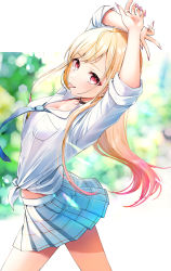 Rule 34 | 1girl, arms up, black choker, blonde hair, blue necktie, blue skirt, blurry, blurry background, blush, breasts, choker, cleavage, collared shirt, cowboy shot, ear piercing, earrings, eyeshadow, from side, gradient hair, gyaru, hands on own head, highres, jewelry, kitagawa marin, leaning back, long hair, long sleeves, looking at viewer, makeup, medium breasts, mikazuki mika, miniskirt, multicolored hair, multiple rings, nail polish, necktie, outdoors, piercing, plaid, plaid skirt, pleated skirt, red eyes, red hair, red nails, ring, school uniform, shirt, sidelocks, signature, skirt, sleeves rolled up, smile, solo, sono bisque doll wa koi wo suru, standing, sunlight, swept bangs, tied shirt, tongue, tongue out, two-tone hair, very long hair, watermark, white shirt
