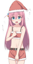 Rule 34 | 1girl, bare arms, bare shoulders, belt, belt buckle, black belt, blush, bocchi the rock!, breasts, buckle, cleavage, commentary request, cube hair ornament, flying sweatdrops, fur-trimmed headwear, fur-trimmed skirt, fur trim, gotoh hitori, hair ornament, hat, highres, looking at viewer, medium breasts, navel, one side up, open mouth, pink hair, red hat, santa costume, santa hat, simple background, skirt, skirt tug, solo, takasuma hiro, translation request, wavy mouth, white background