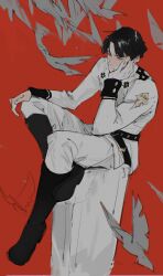 Rule 34 | 1boy, ace attorney, animal, bird, black eyes, black footwear, black hair, boots, closed mouth, full body, gloves, hand up, head rest, highres, jacket, kazuma asogi, liyuliyuzhou, long sleeves, male focus, pants, red background, short hair, sitting, sketch, solo, the great ace attorney, white gloves, white jacket, white pants