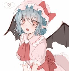 Rule 34 | 1girl, :d, bat wings, blue hair, blush, bow, bowtie, dress, hat, heart, highres, looking at viewer, mob cap, one-hour drawing challenge, open mouth, pink dress, pink eyes, pointy ears, remilia scarlet, sharp teeth, smile, solo, speech bubble, sssoomm112, teeth, touhou, vampire, wings