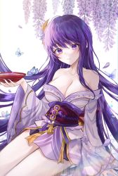Rule 34 | 1girl, absurdres, bare shoulders, breasts, bug, butterfly, collarbone, commentary, cup, genshin impact, grin, highres, holding, insect, japanese clothes, kimono, large breasts, long hair, long sleeves, looking at viewer, mole, mole under eye, obi, off shoulder, parted lips, purple eyes, purple hair, purple kimono, raiden shogun, red sash, ryunbi, sakazuki, sash, short kimono, smile, solo, thighs, very long hair, white background, wide sleeves