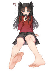 Rule 34 | 1girl, ?, arm support, barefoot, black hair, blue eyes, blush, cellphone, fate/stay night, fate (series), feet, foot focus, foreshortening, full body, haijin, hair ribbon, legs, long hair, long sleeves, phone, popoccpo, ribbon, simple background, sitting, skirt, smartphone, soles, solo, sweater, toes, tohsaka rin, two side up, white background