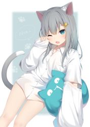 Rule 34 | 1girl, amashiro natsuki, animal ears, blue eyes, blush, breasts, cat ears, cat girl, cat-shaped pillow, cat tail, collared shirt, commentary request, dress shirt, eyebrows hidden by hair, fingernails, grey hair, hair between eyes, hair ornament, hairclip, hand up, highres, long hair, long sleeves, nachoneko, nail art, nyan, one eye closed, open mouth, original, oversized clothes, oversized shirt, paw print, paw print background, romaji commentary, romaji text, rubbing eyes, shirt, sleeves past fingers, sleeves past wrists, small breasts, solo, tail, tail raised, tears, white shirt
