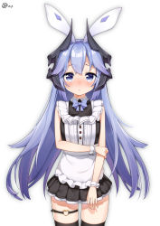 Rule 34 | 1girl, absurdres, animal ears, black skirt, black thighhighs, blue bow, blue bowtie, blue eyes, blue hair, blush, bow, bowtie, bridal garter, character request, closed mouth, highres, honkai (series), honkai impact 3rd, long hair, looking at viewer, pleated skirt, q uouou, rabbit ears, simple background, skirt, sleeveless, solo, thighhighs, white background, wrist cuffs