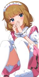 Rule 34 | 1girl, blue eyes, blurry, blush, breasts, brown hair, depth of field, dot nose, dress, frilled dress, frills, hands up, highres, idolmaster, idolmaster million live!, idolmaster million live! theater days, inuyama nanami, knees up, looking at viewer, pink dress, pretty waitress (idolmaster), shirt, short hair, short sleeves, simple background, sitting, small breasts, solo, suou momoko, thighhighs, v-shaped eyebrows, wavy hair, white background, white headdress, white shirt, white thighhighs, white wrist cuffs, wrist cuffs