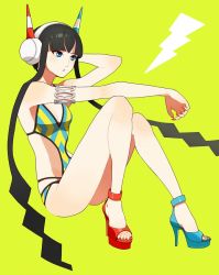 Rule 34 | 10s, 1girl, adapted costume, armlet, asymmetrical footwear, bad id, bad pixiv id, black hair, blue eyes, blue nails, casual one-piece swimsuit, creatures (company), elesa (pokemon), fingernails, fukusa, game freak, gym leader, headphones, high heels, lightning bolt symbol, long hair, mismatched footwear, nail polish, nintendo, one-piece swimsuit, open shoes, platform footwear, platform heels, pokemon, pokemon bw2, red nails, sandals, shoes, skindentation, solo, swimsuit, toeless footwear, toenail polish, toenails, yellow background