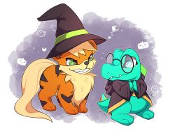 Rule 34 | absurdres, bespectacled, black headwear, black jacket, commission, creatures (company), evil grin, evil smile, fang, game freak, gen 1 pokemon, gen 2 pokemon, ghost print, glasses, green eyes, grin, growlithe, hat, highres, hood, hood down, hooded jacket, jacket, looking at another, nintendo, no humans, own hands together, pokemon, pokemon (creature), pumpkin print, purple background, sevi (seviyummy), smile, standing, totodile, trembling, witch hat