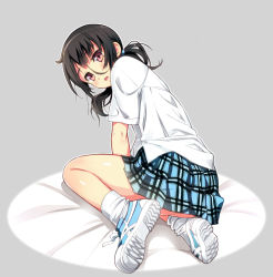 Rule 34 | 1girl, black hair, blue skirt, blush, dress shirt, from behind, grey background, looking at viewer, looking back, low twintails, nyoro (nyoronyoro000), open mouth, original, pink eyes, pleated skirt, shirt, shoes, short sleeves, simple background, sitting, skirt, sneakers, socks, solo, thighs, twintails, wavy hair, white shirt, white socks