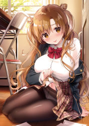 Rule 34 | 1girl, :p, arm support, artist name, black jacket, blazer, blush, bow, bow panties, bowtie, breasts, brown eyes, brown hair, chair, classroom, closed mouth, clothes lift, collared shirt, cone hair bun, crotch seam, desk, double bun, dress shirt, fingernails, flashing, hair between eyes, hair bun, head tilt, highres, indoors, jacket, kimishima ao, large breasts, lifting own clothes, long fingernails, long hair, long sleeves, looking at viewer, miniskirt, nail polish, navel, non-web source, open clothes, open jacket, original, panties, panties under pantyhose, pantyhose, pink nails, plaid, plaid skirt, pleated skirt, red bow, red bowtie, school chair, school desk, school uniform, shirt, shoes, sidelocks, sitting, skirt, skirt lift, smile, solo, stomach, thighband pantyhose, tongue, tongue out, underwear, uwabaki, white bow, white panties, white shirt, window, wing collar, yokozuwari
