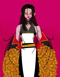 Rule 34 | 1boy, black hair, colored sclera, fang, flower, hair between eyes, highres, iccoco, long hair, no nose, off shoulder, original, parted lips, red background, shadow, simple background, smile, solo, very long hair, yellow flower, yellow sclera