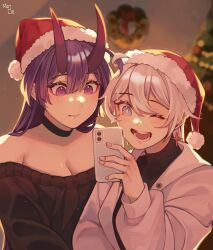 Rule 34 | 2girls, alternate costume, artist name, bare shoulders, black choker, black shirt, blue eyes, blush, breasts, cellphone, choker, christmas, cleavage, closed mouth, commentary, commission, earrings, english commentary, hair between eyes, hat, highres, holding, holding phone, honkai (series), honkai impact 3rd, horns, indoors, jewelry, kiana kaslana, kiana kaslana (herrscher of flamescion), long hair, long sleeves, looking at phone, medium breasts, momonciie, multiple girls, off-shoulder sweater, off shoulder, one eye closed, oni horns, open mouth, parted lips, phone, purple eyes, purple hair, raiden mei, raiden mei (herrscher of thunder), santa hat, shirt, sidelocks, smartphone, smile, sweater, teeth, upper body, white hair