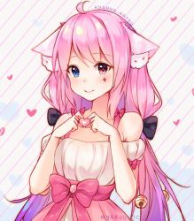 Rule 34 | 1girl, ahoge, animal ears, artist name, bare shoulders, bell, black bow, blue eyes, borrowed character, bow, cat ears, closed mouth, clothing cutout, collarbone, commission, dress, facepaint, hair bell, hair bow, hair ornament, hand gesture, heart, heart hands, hyanna-natsu, jingle bell, long hair, looking at viewer, low twintails, original, pink bow, pink hair, puffy short sleeves, puffy sleeves, red eyes, short sleeves, shoulder cutout, smile, solo, striped, striped background, tareme, twintails, very long hair