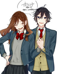 Rule 34 | 1boy, 1girl, ahoge, black hair, black skirt, blazer, blue eyes, bow, bowtie, brown hair, buttons, cardigan, closed eyes, collared shirt, commentary request, cowboy shot, facing viewer, grey sweater, hagiwara daisuke, hair between eyes, hand on own hip, holding hands, hori-san to miyamura-kun, hori kyouko, jacket, katagiri senior high school uniform, lapels, long hair, long sleeves, looking at viewer, miyamura izumi, necktie, notched lapels, open collar, open mouth, pleated skirt, red bow, red bowtie, red necktie, school uniform, shirt, short hair, skirt, sweater, teeth, upper teeth only, white background