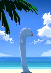 Rule 34 | black eyes, cloud, commentary request, creatures (company), day, from behind, game freak, highres, mashiro ka, nintendo, no humans, outdoors, pokemon, pokemon (creature), sand, shore, sky, solo, water, wiglett