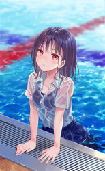 Rule 34 | 1girl, black hair, black one-piece swimsuit, blue skirt, blush, closed mouth, collarbone, collared shirt, commentary, dress shirt, fukahire (ruinon), highres, long hair, one-piece swimsuit, original, pleated skirt, red eyes, see-through, shirt, short sleeves, skirt, smile, solo, swimsuit, swimsuit under clothes, water, wet, wet clothes, wet shirt, white shirt