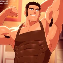Rule 34 | 1boy, apron, arm behind head, armpit hair, armpits, bara, barista, beard stubble, biceps, black hair, brown apron, cafe, crestren, facial hair, flexing, highres, huge eyebrows, impossible clothes, large pectorals, long sideburns, looking at viewer, lucas lee, male focus, muscular, muscular male, naked apron, paid reward available, pectoral cleavage, pectorals, scott pilgrim (series), scott pilgrim takes off, short hair, sideburns, sidepec, smile, smug, solo, stubble, upper body