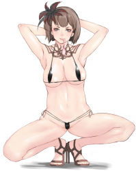 Rule 34 | 1girl, anna williams, armpits, arms behind back, arms up, bikini, black bikini, bob cut, breasts, brown eyes, brown footwear, brown hair, commentary request, condom, condom in mouth, flower, full body, groin, hair flower, hair ornament, high heels, highres, large breasts, looking at viewer, micro bikini, mouth hold, multi-strapped bikini, navel, sandals, serizawa an ne, shadow, short hair, side-tie bikini bottom, simple background, solo, spread legs, squatting, swimsuit, tattoo, tekken, used condom, white background