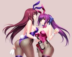 Rule 34 | 2girls, animal ears, ass, bottle, bow, bowtie, breasts, cup, detached collar, drinking glass, fake animal ears, fate/grand order, fate (series), fishnet pantyhose, fishnets, garter straps, grey background, leotard, long hair, looking at viewer, medium breasts, multiple girls, official alternate costume, pantyhose, parted lips, pink leotard, pink neckwear, playboy bunny, ponytail, purple hair, purple leotard, purple neckwear, rabbit ears, rabbit tail, red eyes, runes, scathach (fate), scathach (piercing bunny) (fate), scathach skadi (fate), simple background, spoon, strapless, strapless leotard, tail, wine bottle, wine glass, wrist cuffs, zen