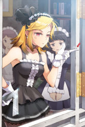 Rule 34 | 3girls, anger vein, apron, arrow (symbol), bare shoulders, black hair, blonde hair, book, brown hair, choker, cinia pacifica, earrings, fishnet pantyhose, fishnets, frills, gloves, hairband, hand on own hip, jewelry, lowres, maid, maid apron, maid headdress, multiple girls, open mouth, pantyhose, pink eyes, purple eyes, rosa (sword girls), sword girls, white gloves