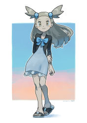 Rule 34 | 1girl, absurdres, arm behind back, artist name, blue bow, blush stickers, bow, brown eyes, closed mouth, creatures (company), donnpati, dress, eyelashes, flip-flops, floating hair, full body, game freak, gym leader, hair bobbles, hair ornament, highres, jasmine (pokemon), knees, light brown hair, long hair, looking at viewer, nintendo, pokemon, pokemon masters ex, sandals, sleeves past elbows, smile, solo, standing, toes