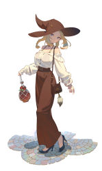 Rule 34 | 1girl, bag, black footwear, blonde hair, blue eyes, braid, braided ponytail, breasts, brown hat, carrying bag, closed mouth, collarbone, handbag, hat, high heels, highres, holding lamp, long sleeves, looking at viewer, medium breasts, off-shoulder shirt, off shoulder, pants, red hat, red pants, shirt, sidelocks, simple background, smile, solo, standing, timbougami, white background, white shirt
