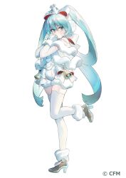 Rule 34 | 1girl, aqua eyes, aqua hair, bell, boots, bow, brown footwear, capelet, commentary, crown, crypton future media, earmuffs, elbow gloves, full body, fur-trimmed boots, fur-trimmed capelet, fur-trimmed gloves, fur trim, furrowed brow, furyu sweet sweets series, gloves, hair bow, hand to own mouth, hatsune miku, high heel boots, high heels, highres, jingle bell, leg up, leotard, looking at viewer, official art, own hands together, ribbon, see-through capelet, shy, simple background, skindentation, snow on face, snowflake print, solo, standing, standing on one leg, thighhighs, vocaloid, wata (attaka towel), white background, white bow, white gloves, white leotard, white ribbon, white thighhighs, zettai ryouiki