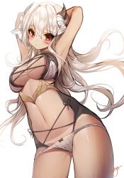 Rule 34 | 1girl, armpits, arms behind head, arms up, artist name, bad id, bad pixiv id, blush, breasts, cleavage, horns, long hair, looking at viewer, navel, original, red eyes, silver hair, simple background, solo, standing, sukja, tan, tanline, white background