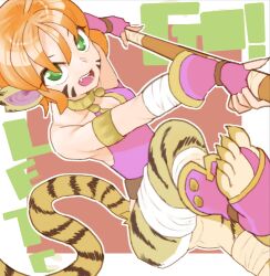 Rule 34 | 1girl, animal ears, body fur, bottomless, breath of fire, breath of fire ii, facial mark, fang, fingerless gloves, gloves, green eyes, hair between eyes, holding, holding staff, lowres, open mouth, orange hair, outline, purple gloves, rinpoo chuan, sharp toenails, short hair, sicky (pit-bull), solo, staff, tail, teeth, tiger ears, tiger girl, tiger tail, toenails, whisker markings, white outline
