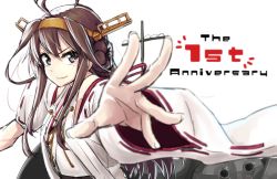 Rule 34 | 10s, 1girl, ahoge, bare shoulders, brown hair, detached sleeves, double bun, english text, hair bun, hair ornament, hairband, headgear, japanese clothes, kantai collection, kongou (kancolle), long hair, long sleeves, nazunakku, nontraditional miko, outstretched hand, personification, ribbon trim, simple background, smile, solo, white background, wide sleeves