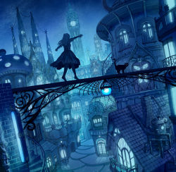 Rule 34 | 1girl, architecture, balancing, barefoot, black cat, blue theme, cat, city, clock, clock tower, dutch angle, from behind, kaitan, lantern, long hair, monochrome, night, original, outstretched arms, revision, solo, spread arms, tower