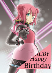 Rule 34 | 1girl, absurdres, aqua eyes, artist name, artist request, black gloves, black legwear, blush, double bun, female focus, from behind, gloves, green eyes, hair between eyes, hair bun, hand on own hip, highres, kurosawa ruby, looking at viewer, looking back, love live!, love live! school idol festival, love live! sunshine!!, pants, parted lips, pink pants, pink shirt, pointing, pointing at viewer, red hair, shirt, short hair, smile, solo, yousolo