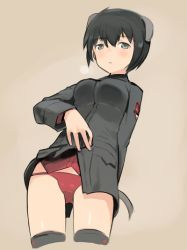 Rule 34 | 00s, 1girl, animal ears, bad id, bad pixiv id, brown hair, cowboy shot, cropped legs, grey eyes, luciana mazzei, panties, red panties, shimada fumikane, shinhaisyoku, short hair, simple background, solo, strike witches, strike witches: kurenai no majo-tachi, tail, thighhighs, thighs, underwear, world witches series