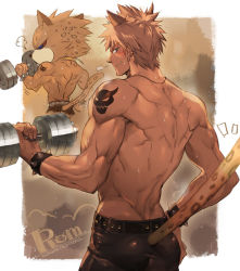 Rule 34 | 1boy, animal ears, back, back focus, bara, biceps, blonde hair, blue eyes, blush, bracelet, dumbbell, flexing, furry, furry male, hand on own hip, jewelry, large pectorals, leather, leather belt, leather pants, leopard boy, leopard ears, leopard tail, looking at viewer, looking back, male focus, manly, muscular, muscular male, necklace, nikism, pants, pectorals, rom (show by rock!!), shoulder tattoo, show by rock!!, sight, solo, spiked bracelet, spiked hair, spikes, sweat, sweatdrop, tail, tan, tattoo, tight clothes, tusks