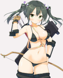 Rule 34 | 10s, 1girl, alternate breast size, arrow (projectile), between breasts, bikini, blush, bow (weapon), breasts, cleavage, fingerless gloves, gloves, green eyes, green hair, hair ribbon, kaisen chuui, kantai collection, long hair, looking at viewer, matching hair/eyes, micro bikini, navel, quiver, ribbon, shiny skin, simple background, skindentation, solo, strap between breasts, strap gap, swimsuit, thighhighs, twintails, weapon, zuikaku (kancolle)
