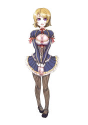 Rule 34 | 1girl, artist name, artist request, black footwear, black legwear, blue dress, blue skirt, blush, bow, bowtie, breasts, brown hair, cleavage, cross-laced clothes, cross-laced dress, dress, female focus, full body, hair between eyes, highres, koizumi hanayo, layered skirt, looking at viewer, love live!, love live! school idol festival, love live! school idol project, medium breasts, miniskirt, neck ribbon, parted lips, plaid, plaid dress, plaid skirt, pleated, pleated dress, pleated skirt, purple eyes, red bow, ribbon, shoes, short hair, skirt, sleeve cuffs, smile, solo, standing, striped legwear, vertical-striped legwear, white background, white wrist cuffs, wrist cuffs