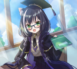 Rule 34 | 1girl, absurdres, animal ears, black hair, blush, braid, cat ears, cat girl, classroom, cloak, collared shirt, curtains, day, fang, glasses, graduation, green eyes, hair ribbon, hat, high-waist skirt, highres, holding, holding notebook, karyl (princess connect!), karyl (transfer student) (princess connect!), long sleeves, looking at viewer, mortarboard, multicolored hair, necktie, notebook, open mouth, pleated skirt, princess connect!, ribbon, shinzousan, shirt, skin fang, skirt, sky, solo, streaked hair, sunlight, twin braids, upper body, v-shaped eyebrows, white hair, window