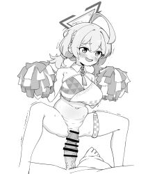 Rule 34 | 1boy, 1girl, :d, ahoge, bar censor, bare shoulders, belly, blonde hair, blue archive, blush, braid, breasts, censored, cheerleader, cowgirl position, detached collar, erection, fried bocky, girl on top, greyscale, halo, hetero, highres, holding, holding pom poms, imminent penetration, imminent vaginal, just the tip, kotori (blue archive), kotori (cheer squad) (blue archive), large breasts, lying, millennium cheerleader outfit (blue archive), monochrome, navel, official alternate costume, open mouth, penis, plump, pom pom (cheerleading), pom poms, pussy, simple background, smile, spread legs, straddling, sweat, trembling