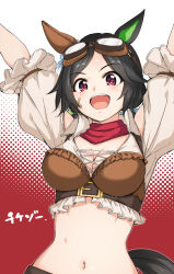 Rule 34 | 1girl, arms up, belt, black hair, black tail, breasts, cleavage, ear covers, goggles, hamao, highres, horse tail, looking at viewer, medium breasts, navel, official alternate costume, open mouth, purple eyes, short sleeves, solo, tail, teeth, umamusume, upper teeth only, winning ticket (dream deliverer) (umamusume), winning ticket (umamusume)