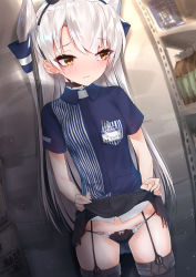Rule 34 | 10s, amatsukaze (kancolle), bad id, bad pixiv id, black panties, clothes lift, garter straps, highres, kanju, kantai collection, lawson, lifted by self, long hair, panties, skirt, skirt lift, thighhighs, twintails, two side up, underwear, uniform, white hair, yellow eyes