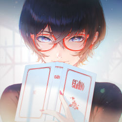 Rule 34 | 1girl, absurdres, black hair, blue eyes, blush, book, coat, colored eyelashes, commentary, cyrillic, earrings, english commentary, eyelashes, fingernails, glasses, hair between eyes, highres, holding, holding book, jewelry, language request, light, long fingernails, looking at viewer, mole, mole under mouth, nababa, nail polish, open clothes, open coat, original, pink lips, pink nails, portrait, red-framed eyewear, short hair, solo