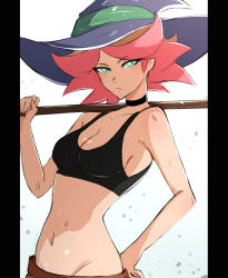Rule 34 | 1girl, amanda o&#039;neill, black choker, breasts, broom, choker, cleavage, green eyes, hat, highres, little witch academia, looking at viewer, midriff, multicolored hair, navel, omiza somi, orange hair, short hair, simple background, solo, sports bra, witch hat