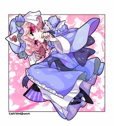 Rule 34 | 1girl, black footwear, blue bow, blue hat, blue kimono, blue ribbon, blush, bow, closed mouth, commentary, curled up, folding fan, footwear bow, frilled kimono, frills, full body, hand fan, hand on own chin, harunori (hrnrx), hat, highres, japanese clothes, kimono, long sleeves, looking at viewer, medium hair, mob cap, pink eyes, pink hair, ribbon, ribbon trim, saigyouji yuyuko, smile, solo, symbol-only commentary, touhou, triangular headpiece, twitter username, wavy hair