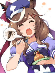 Rule 34 | 1girl, ^ ^, animal ears, blouse, bow, brown hair, bug, closed eyes, cupcake, dutch angle, earrings, fingernails, food, fork, hair ornament, hairclip, hand up, hat, hat bow, highres, holding, holding fork, holding plate, horse ears, jewelry, long hair, matikane tannhauser (umamusume), motion lines, multicolored hair, open mouth, plate, puffy short sleeves, puffy sleeves, purple hat, purple shirt, red bow, shirt, short sleeves, simple background, solo, spider, streaked hair, swept bangs, teeth, two-tone hair, umamusume, upper body, white background, white hair, youhei 64d