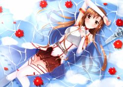 Rule 34 | 10s, 1girl, arm up, armor, asuna (sao), bad id, bad pixiv id, bare shoulders, blush, breastplate, brown eyes, brown hair, detached sleeves, flower, long hair, looking at viewer, lying, on back, partially submerged, skirt, solo, sword, sword art online, swordsouls, thighhighs, water, weapon, white thighhighs
