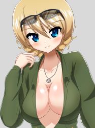 Rule 34 | 1girl, black-framed eyewear, blonde hair, blue eyes, braid, braided bun, breasts, cleavage, closed mouth, darjeeling (girls und panzer), earlobe1514366, eyewear on head, girls und panzer, girls und panzer senshadou daisakusen!, green jumpsuit, grey background, hair bun, hand in own hair, highres, jewelry, jumpsuit, large breasts, long sleeves, looking at viewer, necklace, no bra, no shirt, partially unzipped, short hair, simple background, smile, solo, sunglasses, twin braids, upper body