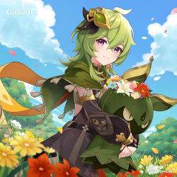 Rule 34 | 1girl, absurdres, black dress, blue sky, capelet, cloud, collei (genshin impact), commentary, danemaru, day, detached sleeves, dress, flower, genshin impact, green capelet, green hair, hair ornament, highres, holding, long hair, long sleeves, looking at viewer, official art, purple eyes, red flower, sky, smile, solo, white flower, yellow flower