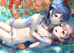 Rule 34 | 2girls, :d, akagi kurage, bare arms, bare shoulders, bikini, blue bikini, blue eyes, blue flower, blue hair, breasts, brown hair, cleavage, closed mouth, collarbone, day, flower, frilled bikini, frills, hair flower, hair ornament, holding hands, highres, interlocked fingers, light particles, light rays, long hair, looking at another, lying, medium breasts, multiple girls, navel, on back, open mouth, orange flower, original, outdoors, partially submerged, petals, pink bikini, red eyes, smile, sparkle, stomach, sunbeam, sunlight, swimsuit, water