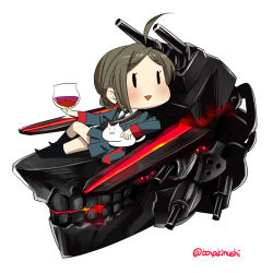 Rule 34 | 10s, 1girl, 90mm single high-angle gun mount, abyssal ship, ahoge, alcohol, artist name, bad id, bad pixiv id, batsubyou, blush, brown hair, cat, chibi, cup, drinking glass, fairy (kancolle), kantai collection, open mouth, ribbon, sash, school uniform, serafuku, simple background, smile, solo, twintails, twitter username, uni (gugurutan), wine, wine glass, | |