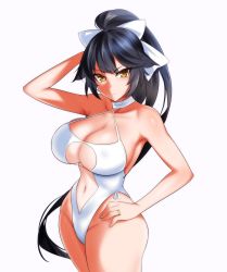Rule 34 | 1girl, absurdres, azur lane, black hair, bow, breasts, casual one-piece swimsuit, center opening, cleavage, cleavage cutout, clothing cutout, cowboy shot, criss-cross halter, hair bow, halterneck, hand on own hip, hevn, high ponytail, highres, jewelry, large breasts, long hair, looking at viewer, navel, navel cutout, one-piece swimsuit, ponytail, ring, simple background, skin tight, solo, standing, swimsuit, takao (azur lane), takao (beach rhapsody) (azur lane), very long hair, wedding band, white background, white bow, white one-piece swimsuit